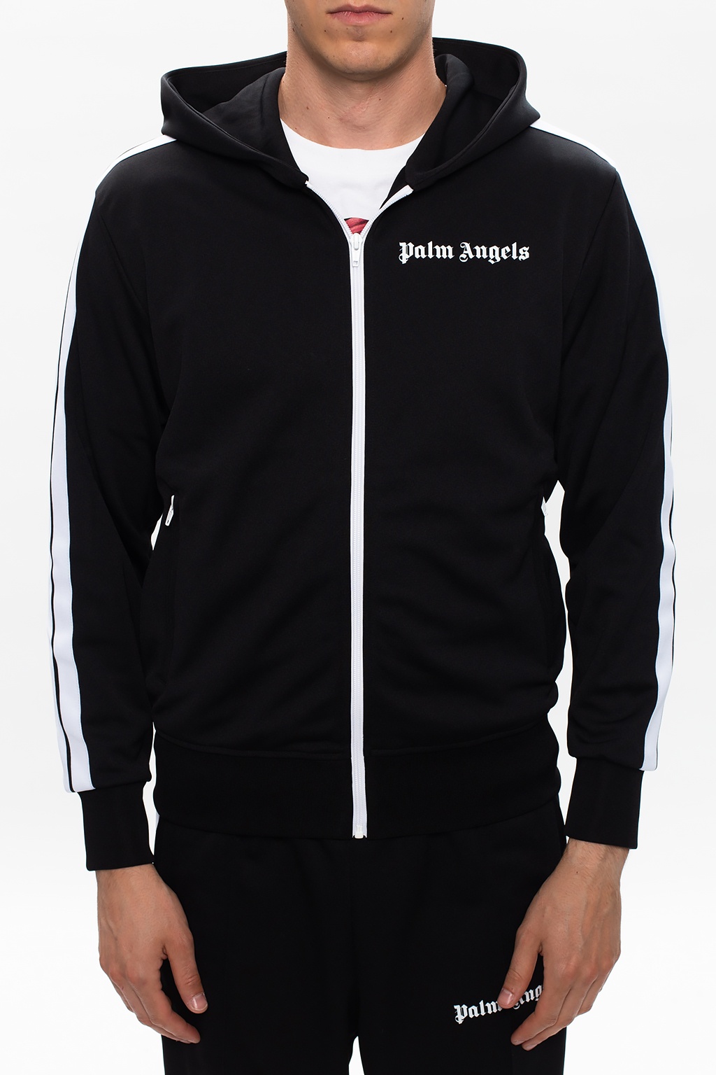【関税込み】Palm Angels ブラック カーブドロゴ ジップフーディ Palm Angels Black & Blue Sprayed Logo 'New York' Hoodie Palm